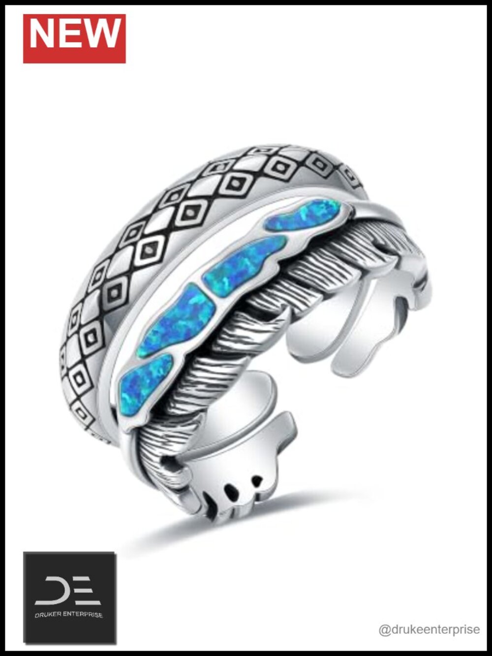 925 Sterling Silver Layered Feather Opal Adjustable Southwestern Ring Set
